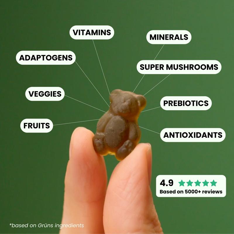 Grüns Super Greens Gummy Bears: 20+ Vitamins and Minerals, Prebiotics for Digestive Health, Adaptogens ($1.3 per serving)