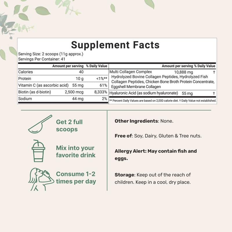 Micro Ingredients Multi Collagen Peptides Powder - Hydrolyzed Protein Peptides (Type I,II,III,V,X) with Hyaluronic Acid, Biotin & Vitamin C - Unflavored