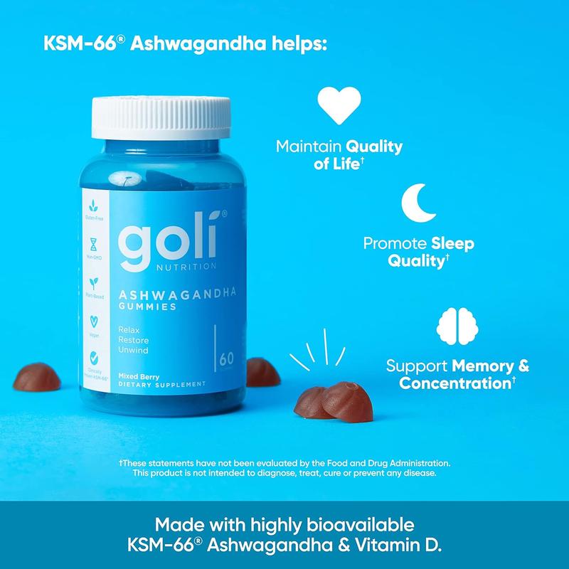 Goli Ashwagandha & Vitamin D Gummy - Mixed Berry, KSM-66, Vegan, Plant Based, Non-GMO, Gluten-Free & Gelatin Free. America's #1 Ashwagandha Brand - AuraBlyss